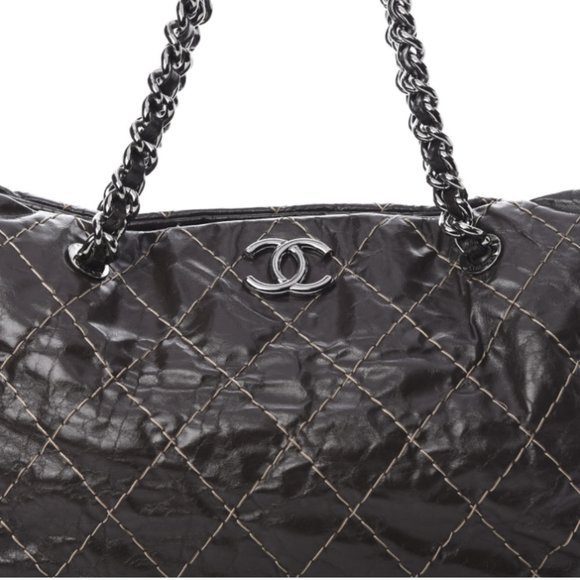 Authentic CHANEL Glazed Goatskin Double Contrast Stitch Large Tote Brown - Picture 9 of 13